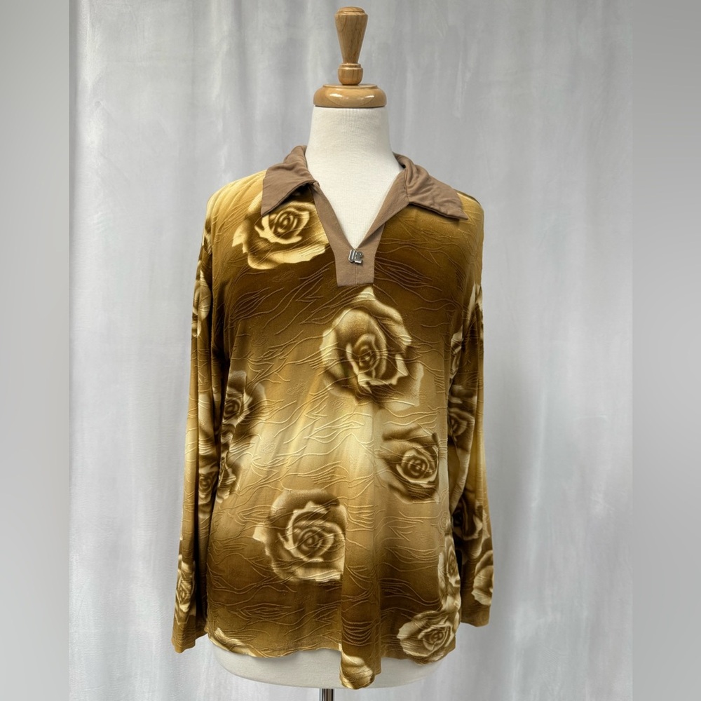 YOUTOO Vintage Women's Brown Floral V-Neck Long Sleeve Top Size L